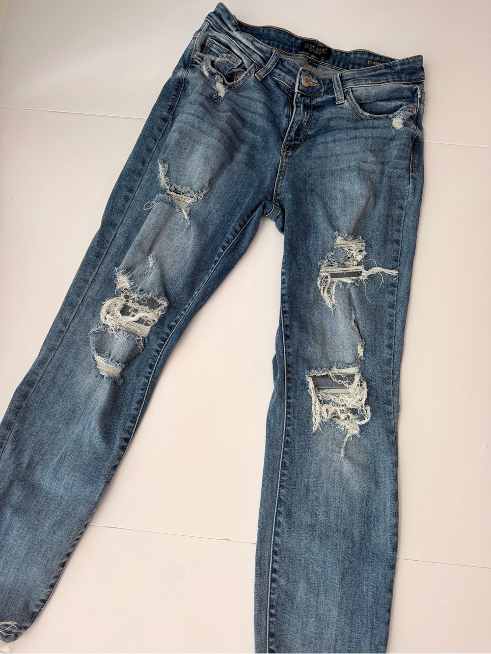 Judy Blue medium wash heavily Distressed boyfriend fit Jeans